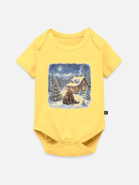 Winterwald Bär am Kamin - Baby Premium Kurzarmbody - Pastellgelb