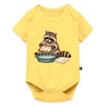 Waschbär schöpft Papier - Baby Premium Kurzarmbody - Pastellgelb - Vorne