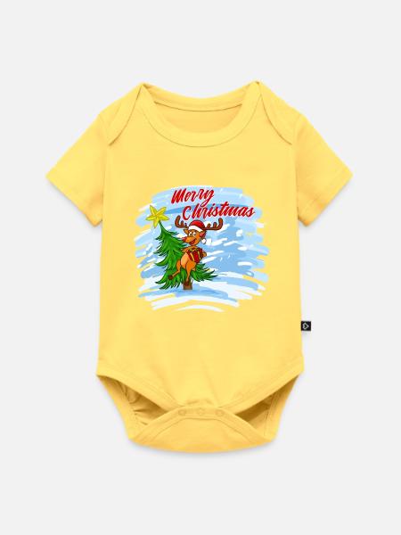 Merry Christmas - Rentier mit Geschenk am Baum - Baby Premium Kurzarmbody - Pastellgelb