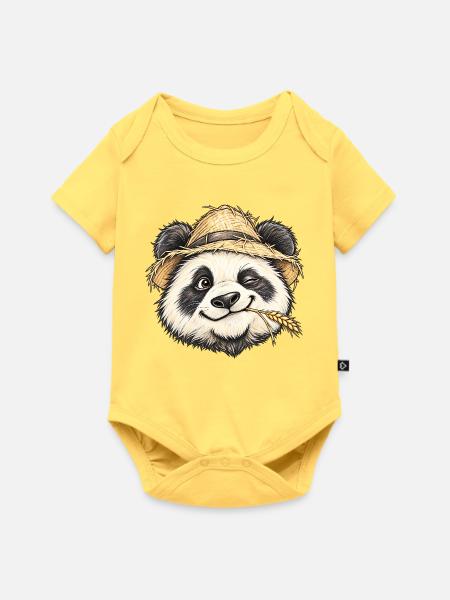 Zwinkernder Panda-Bauer Strohhut-Niedliche Tierkunst - Baby Premium Kurzarmbody - Pastellgelb