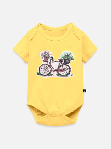 rosa Fahrrad mit Blumen - Baby Premium Kurzarmbody - Pastellgelb
