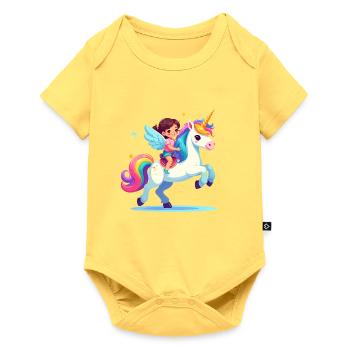 Kawaii Mädchen auf Einhorn Reiten Süßes T-Shirt - Baby Premium Kurzarmbody - Pastellgelb - Vorne
