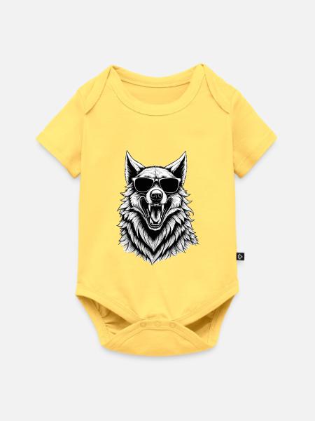 lachender Wolf mit Sonnenbrille - Baby Premium Kurzarmbody - Pastellgelb
