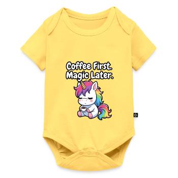 Café d’abord, magie puis licorne - Body à manches courtes Premium Bébé - jaune pastel - Devant