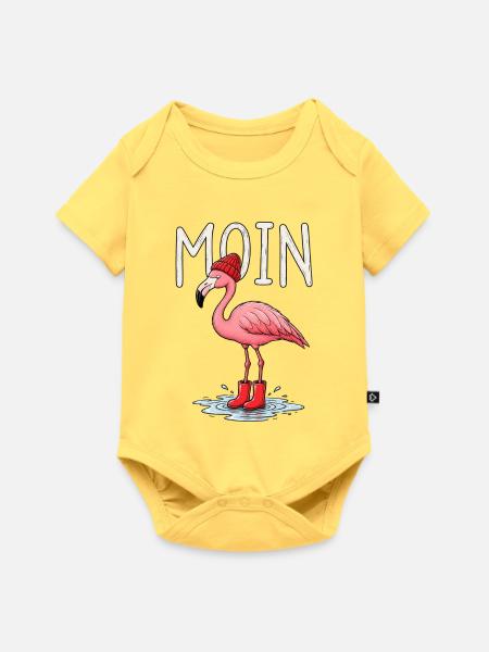 Winterflamingo mit Beanie und Stiefeln - Baby Premium Kurzarmbody - Pastellgelb