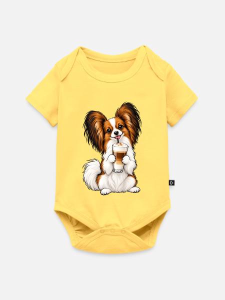 Schmetterlingshund Papillon mit Latte Macchiato - Baby Premium Kurzarmbody - Pastellgelb