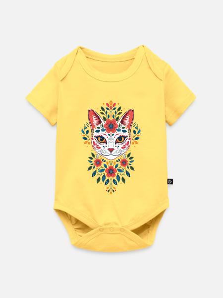 Blumenkatzenkopf im FolkStil - Baby Premium Kurzarmbody - Pastellgelb