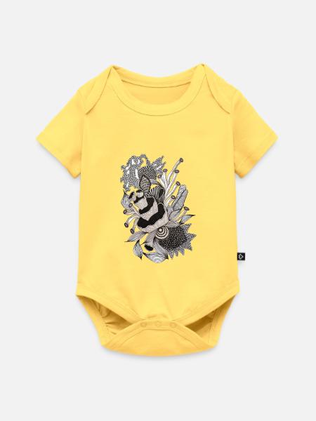 Monochrome Panda Blüten Illustration - Baby Premium Kurzarmbody - Pastellgelb