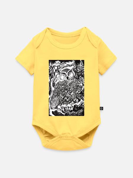 Nachtwald Eulenillustration - Baby Premium Kurzarmbody - Pastellgelb
