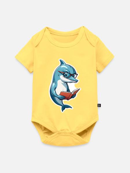 Schlauer Delfin mit Buch - Baby Premium Kurzarmbody - Pastellgelb
