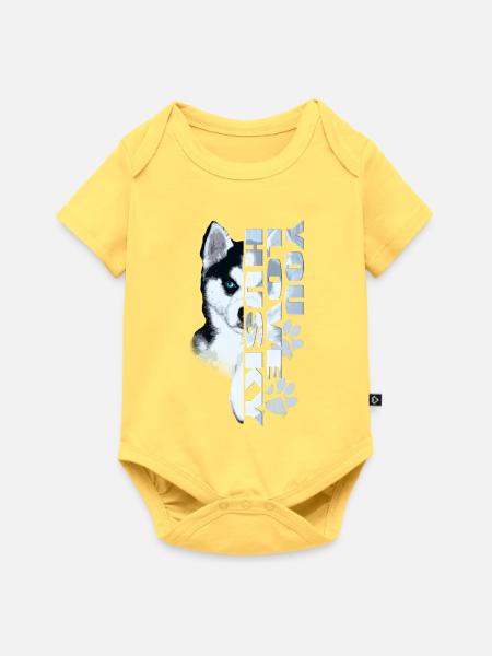 Husky Portrait Schrift - Baby Premium Kurzarmbody - Pastellgelb