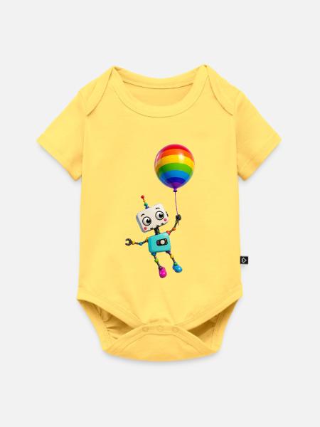 Fröhlicher Roboter mit Regenbogenballon - Baby Premium Kurzarmbody - Pastellgelb
