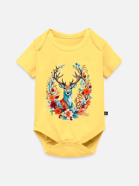 Hirsch mit Blumen - Baby Premium Kurzarmbody - Pastellgelb