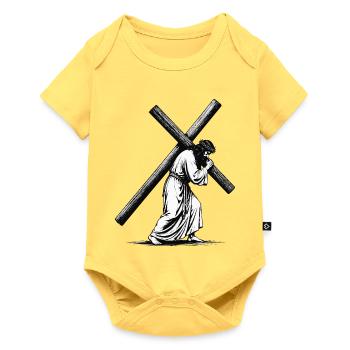 Kreuzweg Silhouette in Schwarzweiß - Baby Premium Kurzarmbody - Pastellgelb - Vorne