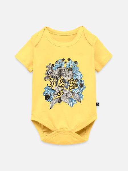 Blau-weiße Florale Spirale - Baby Premium Kurzarmbody - Pastellgelb