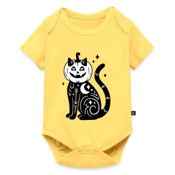 Halloween Katze Kürbiskostüm - SW mit Sternen - Baby Premium Kurzarmbody - Pastellgelb - Vorne
