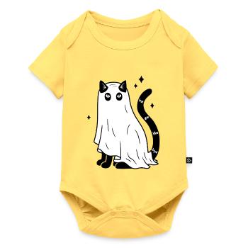 Halloween Katze Gespenst - SW mit Sternen - Baby Premium Kurzarmbody - Pastellgelb - Vorne