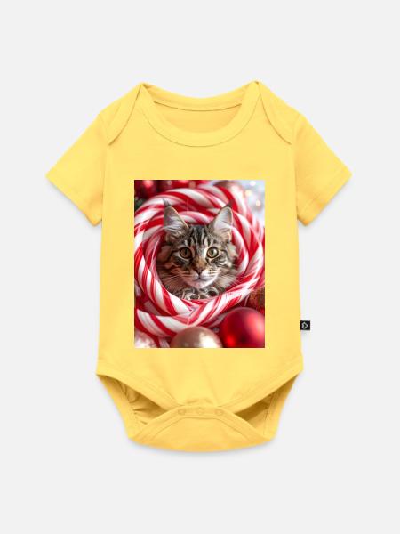 Weihnachtskatze zwischen Zuckerstangen - Baby Premium Kurzarmbody - Pastellgelb