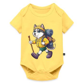 Cute Husky Dog Hiking Camping Adventure Backpacker - Baby Premium short-sleeve bodysuit - sky yellow - Front