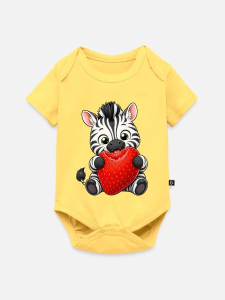 Süßes Cartoon Zebra mit Erdbeeren - Baby Premium Kurzarmbody - Pastellgelb
