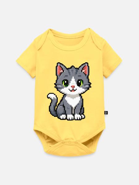 Pixelkätzchen Grau Katze - Baby Premium Kurzarmbody - Pastellgelb