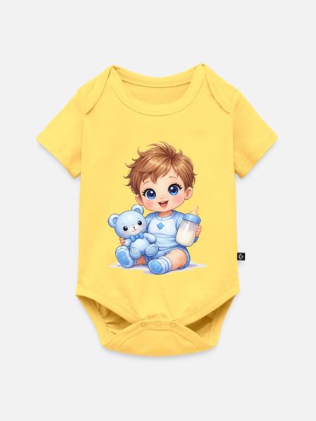 Baby mit Fläschchen und Teddy - Baby Premium Kurzarmbody - Pastellgelb