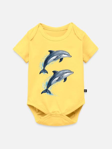 Zwei springende Delfine Illustration - Baby Premium Kurzarmbody - Pastellgelb