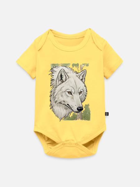 Weißer Wolfkopf im Wald - Baby Premium Kurzarmbody - Pastellgelb