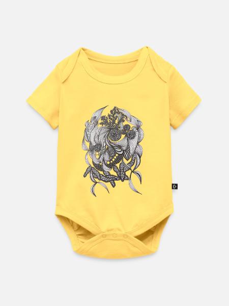 Schwarzweiß Flora Muster - Baby Premium Kurzarmbody - Pastellgelb