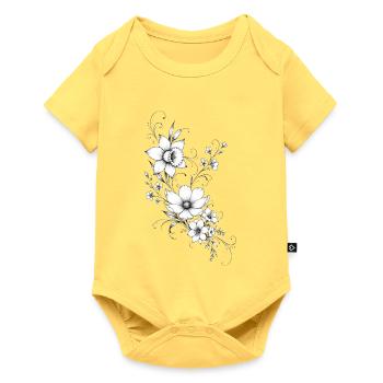 Schwarz-weiße lineare Blüten - Baby Premium Kurzarmbody - Pastellgelb - Vorne