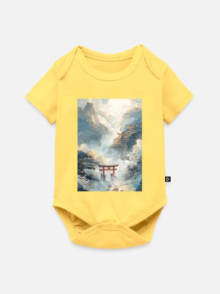 Pagode und Torii-Nebel - Baby Premium Kurzarmbody - Pastellgelb