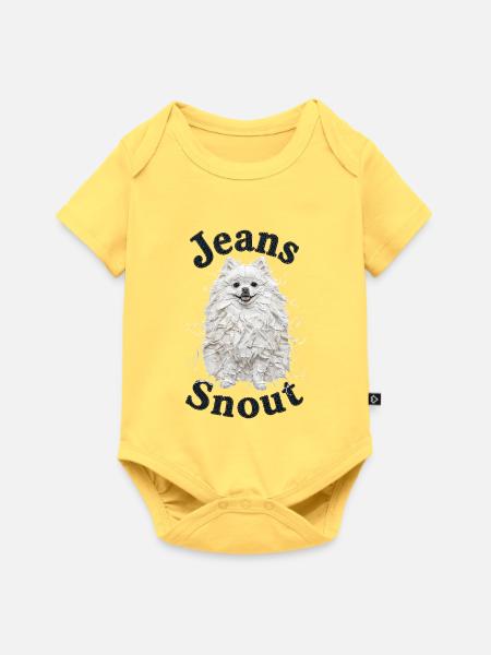 Weißer Spitz im Jeansflicken-Stil - Baby Premium Kurzarmbody - Pastellgelb