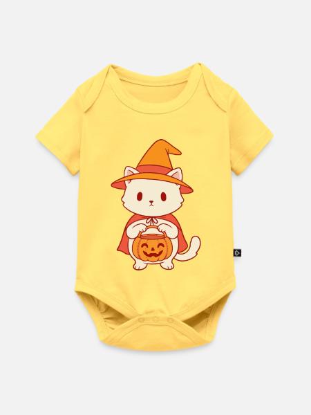 Kätzchen im Halloween Hexenhut - Baby Premium Kurzarmbody - Pastellgelb