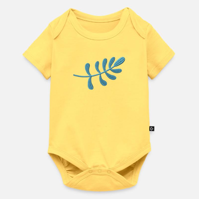 Hellblaues Blatt bestickt - Baby Premium Kurzarmbody - Pastellgelb