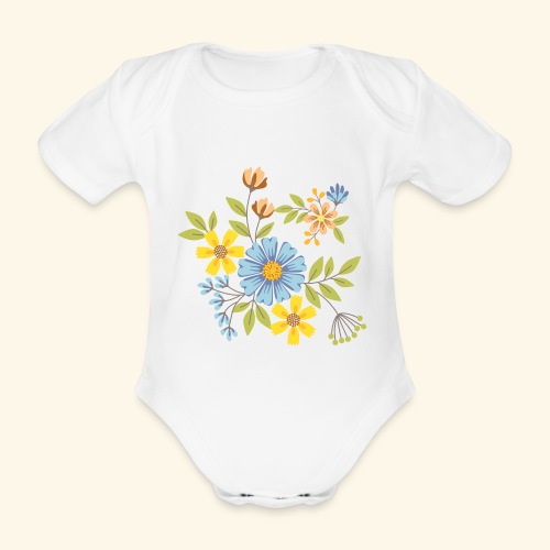 Blue Cream and Yellow FLOWERS - Body orgánico de manga corta para bebé