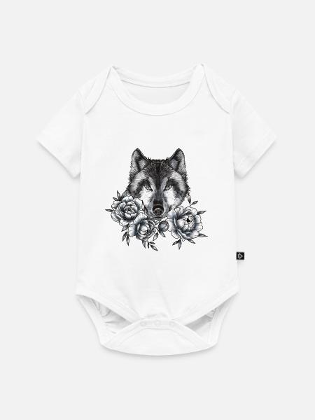 Wolf und Pfingstrosen - Baby Premium Kurzarmbody - Weiß