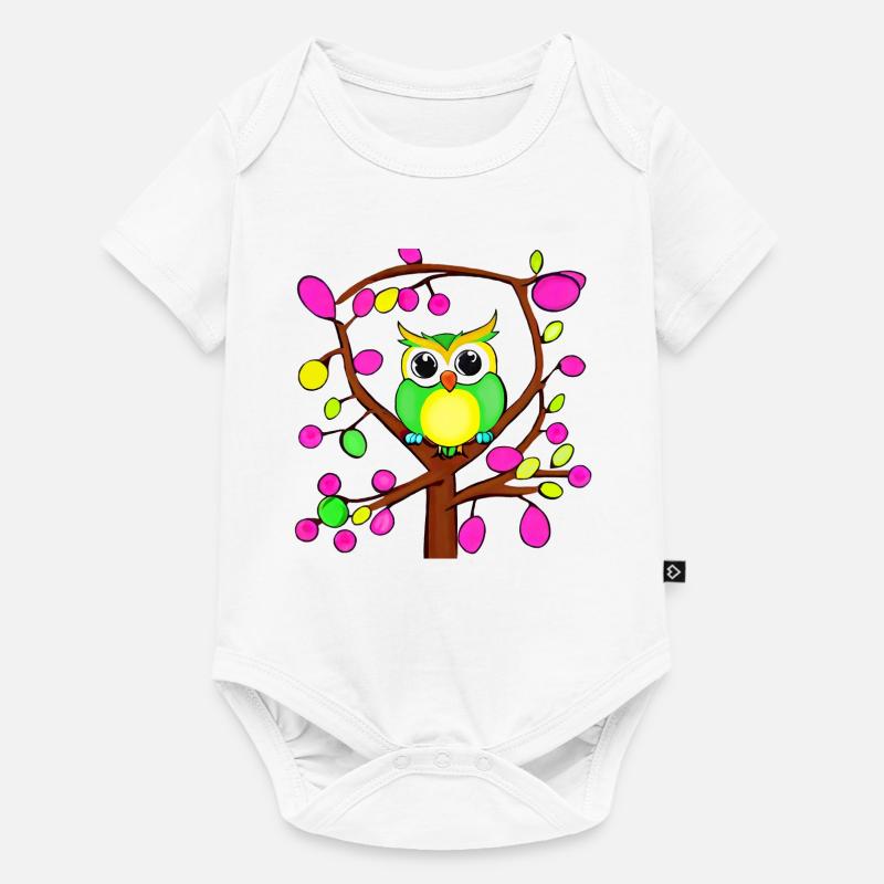 Chouette heureuse dans un arbre multicolore - Body à manches courtes Premium Bébé - blanc