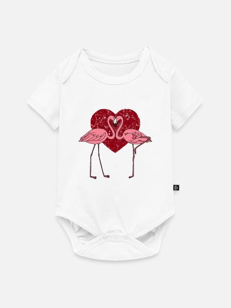 Verliebte Flamingos im rosa Herzen - Baby Premium Kurzarmbody - Weiß