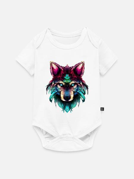 Mystischer Wolf Synthwave Wolfskopf - Baby Premium Kurzarmbody - Weiß