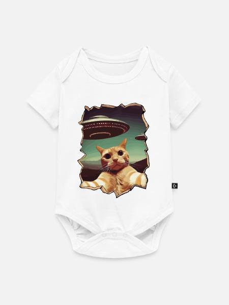 Lustiger ausgeschnittener Katzen-Selfie-UFO-3D-Effekt - Baby Premium Kurzarmbody - Weiß