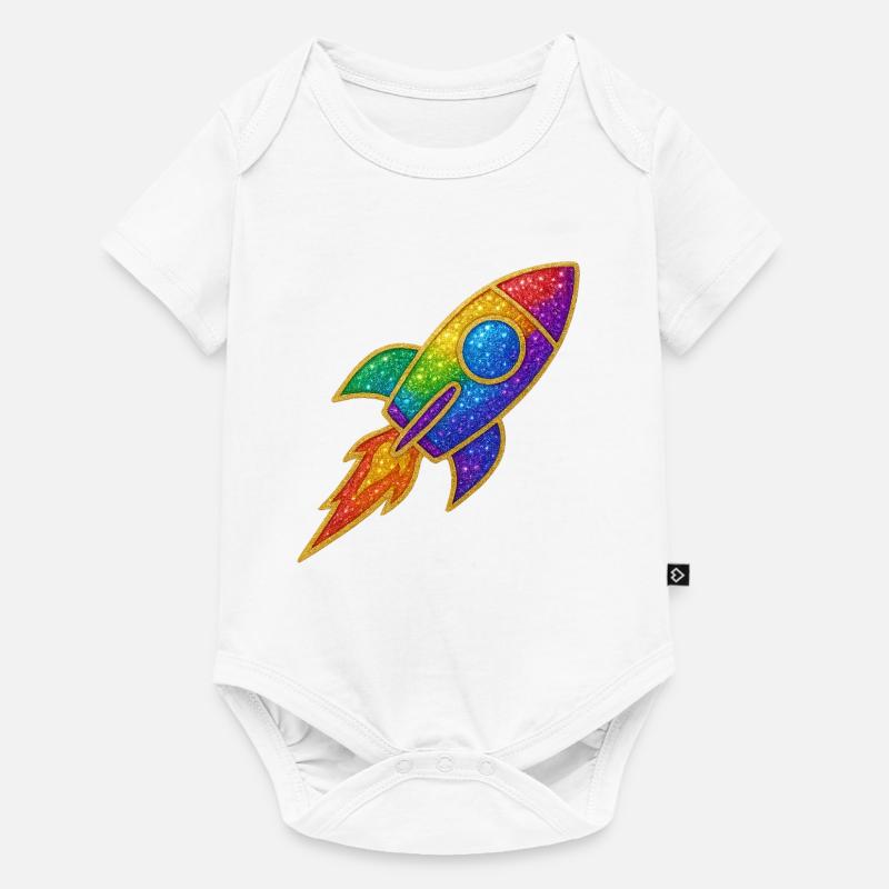 Regenbogen Rakete Glitzer Design - Baby Premium Kurzarmbody - Weiß