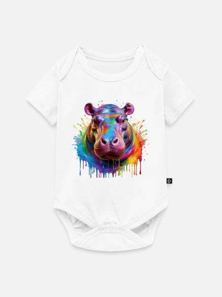 Bunter Hippo Farbexplosion - Baby Premium Kurzarmbody - Weiß