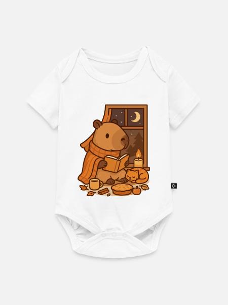 Capybara Reading Nook – Cozy Herbstabend - Baby Premium Kurzarmbody - Weiß