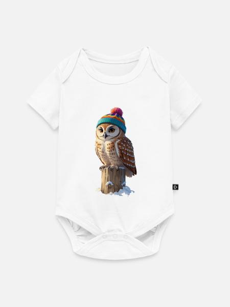 Eule mit buntem Winterhut - Baby Premium Kurzarmbody - Weiß