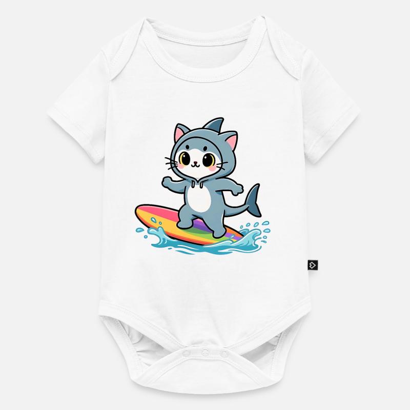 Chat requin sur planche de surf arc-en-ciel - Body à manches courtes Premium Bébé - blanc