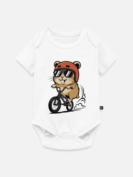 Hamster Rollerbike mit Helm - Baby Premium Kurzarmbody - Weiß
