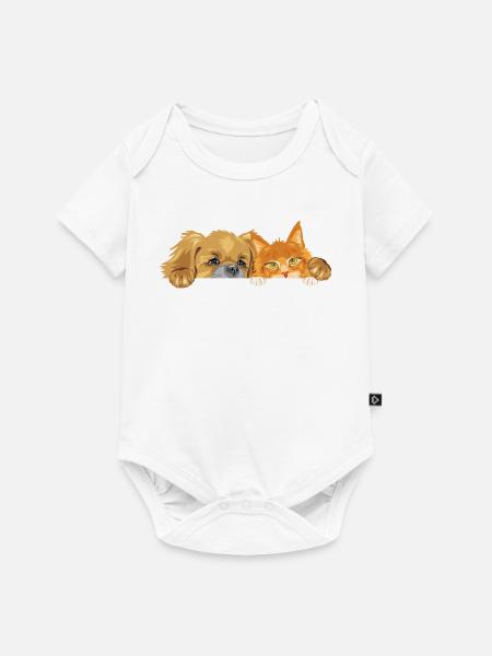 Pekingeserhund und Ginger Maine Coon-Katze - Baby Premium Kurzarmbody - Weiß