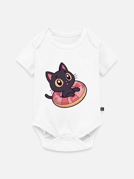 Schwarze Katze auf Donut-Boje - Baby Premium Kurzarmbody - Weiß