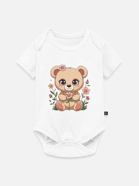 Kuschelbär mit Blumen - Baby Premium Kurzarmbody - Weiß