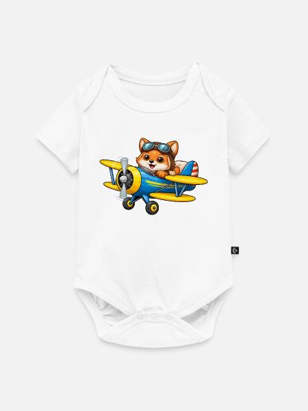 Fuchs Pilot Doppeldecker Flugzeug Cartoon   - Baby Premium Kurzarmbody - Weiß